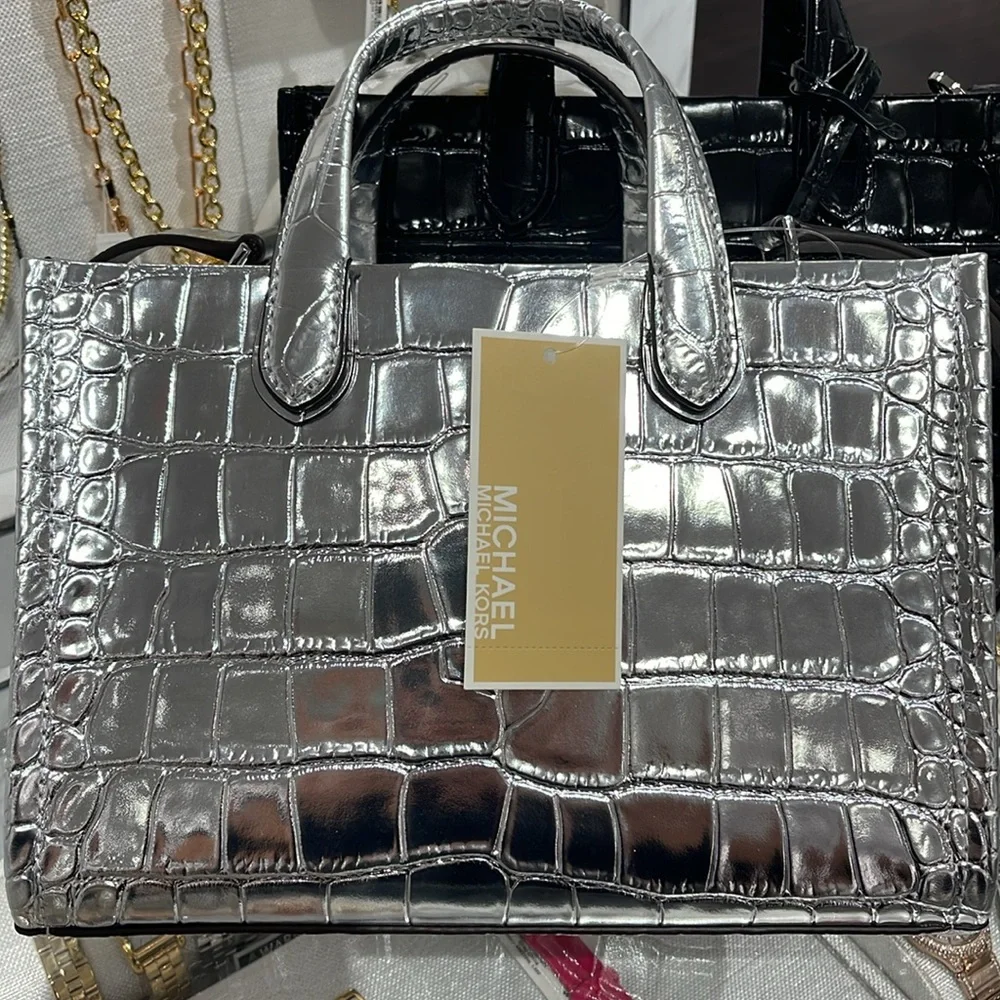Michael Kors Gigi Small Metallic Crocodile Embossed Leather Messenger Bag Silver